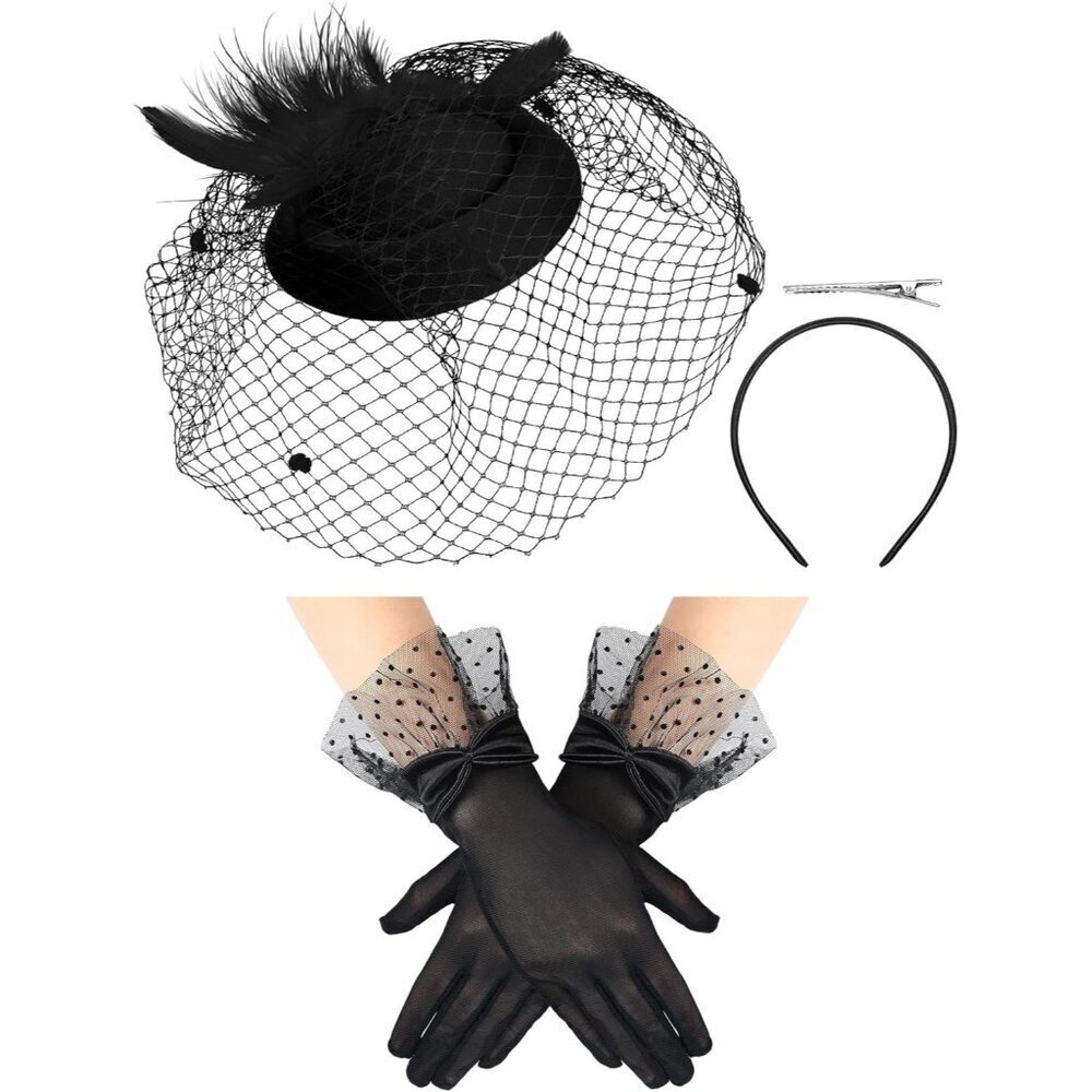 Women’s 50s Fascinators Feather Pillbox Hat Lace Gloves for Weddings Parties